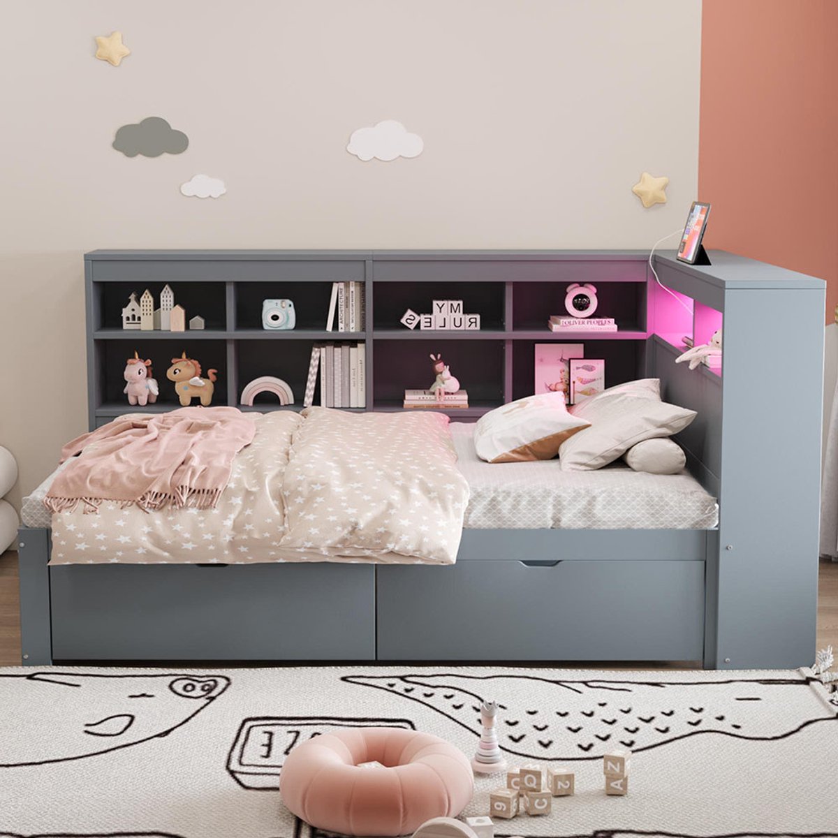 BLACKCOLORS Massief houten bank 90*200 cm, met opbergvakken, bed met USB-aansluiting en stopcontact met LED-strip, met planken en opbergvakken, veel opbergruimte, multifunctioneel eenpersoonsbed van hout, grijs