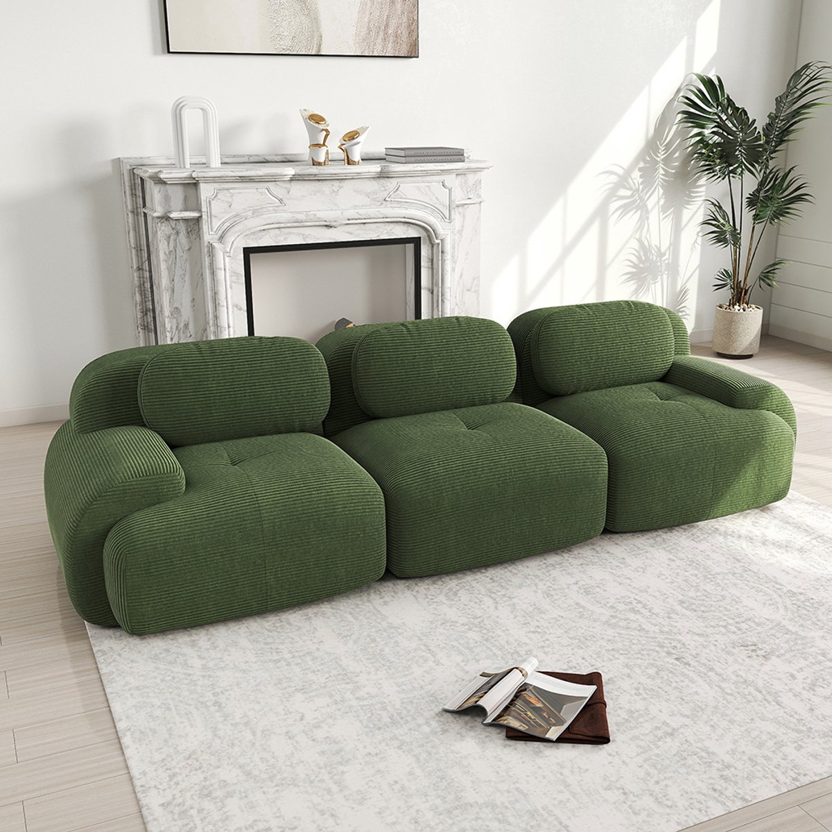 Pugsdrly 3-zitsbank van hoogwaardig corduroy, modulair combineerbaar, antislip, zonder montage, ergonomische armleuningen en zeer elastische vulling voor woonkamer en slaapkamer, Green