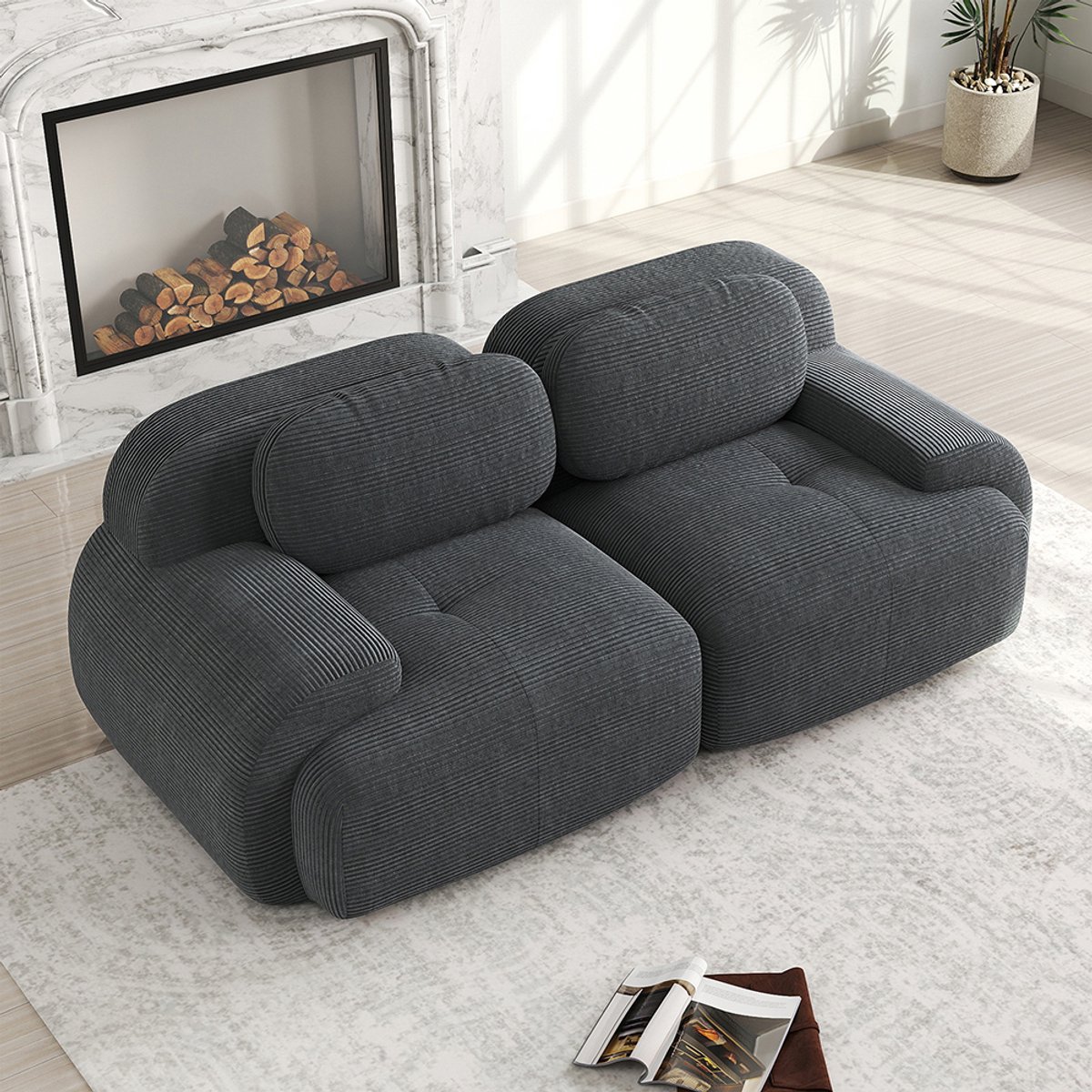 Pugsdrly Tweezitsbank 82'' van corduroy, modulair combineerbaar met gebogen armleuningen en antislip onderkant, zeer elastische vulling voor de woonkamer, slaapkamer en thuisbioscoop, grijs