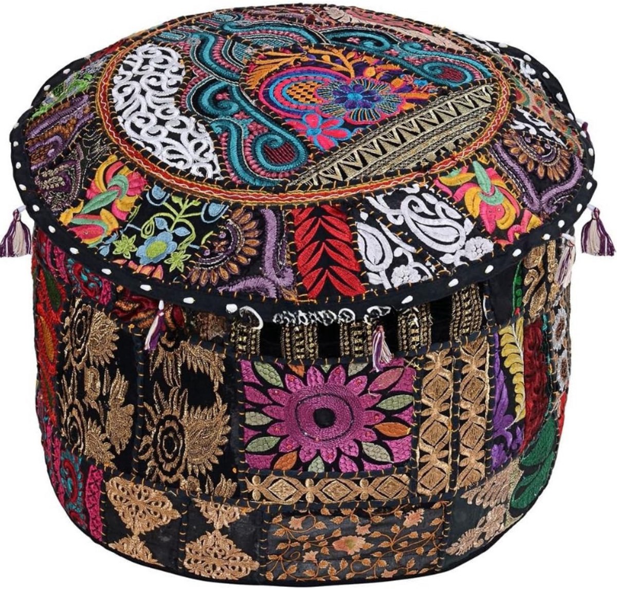 Katoenen Patchwork Geborduurde Ottomaanse Krukhoes - Zwarte Bloemen Ottomanen Cover - Handgemaakt Traditioneel Meubelaccessoire