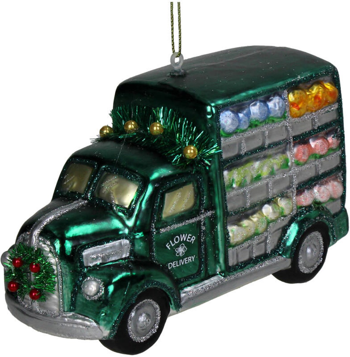 HD Collection glazen kerstornament kerst hanger bloemen delivery vrachtwagen 14.5 cm