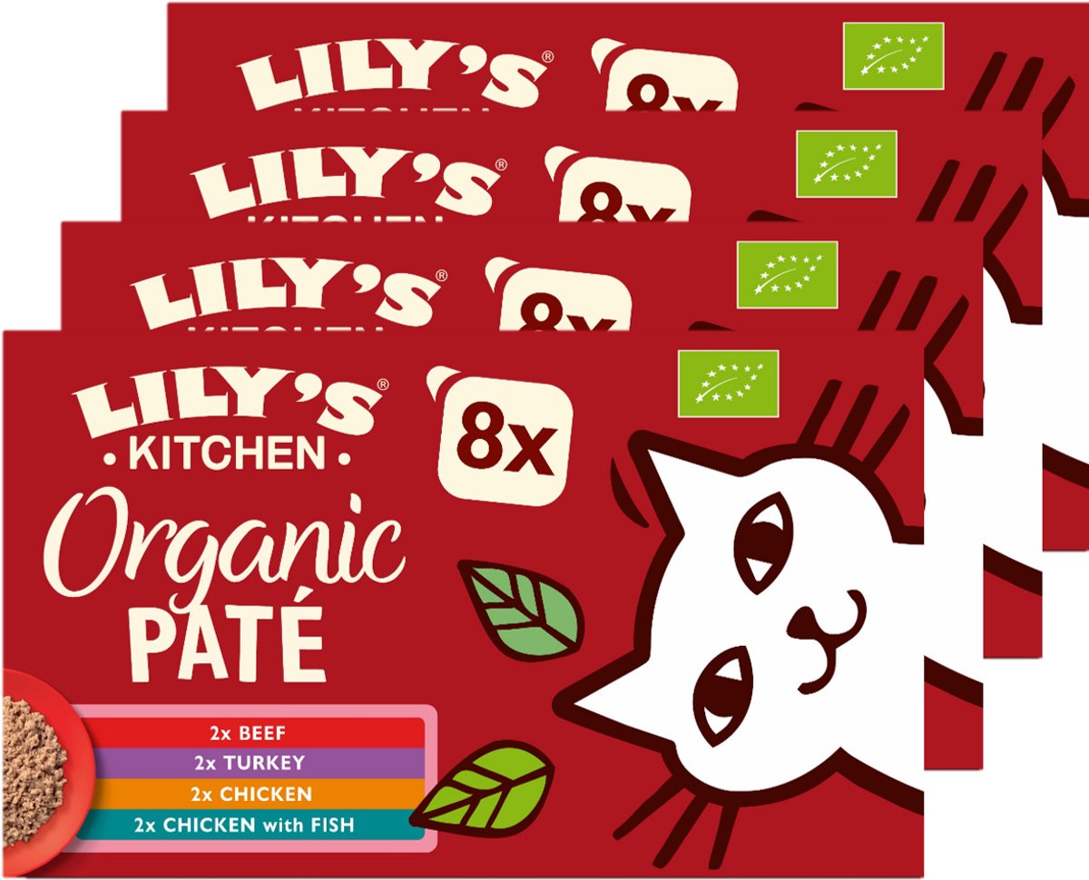 Lily's Kitchen - Kattenvoer - Natvoer - Biologische Patés Multipack Kip, Rund, Vis, & Kalkoen - 4 x 8 x 85 g
