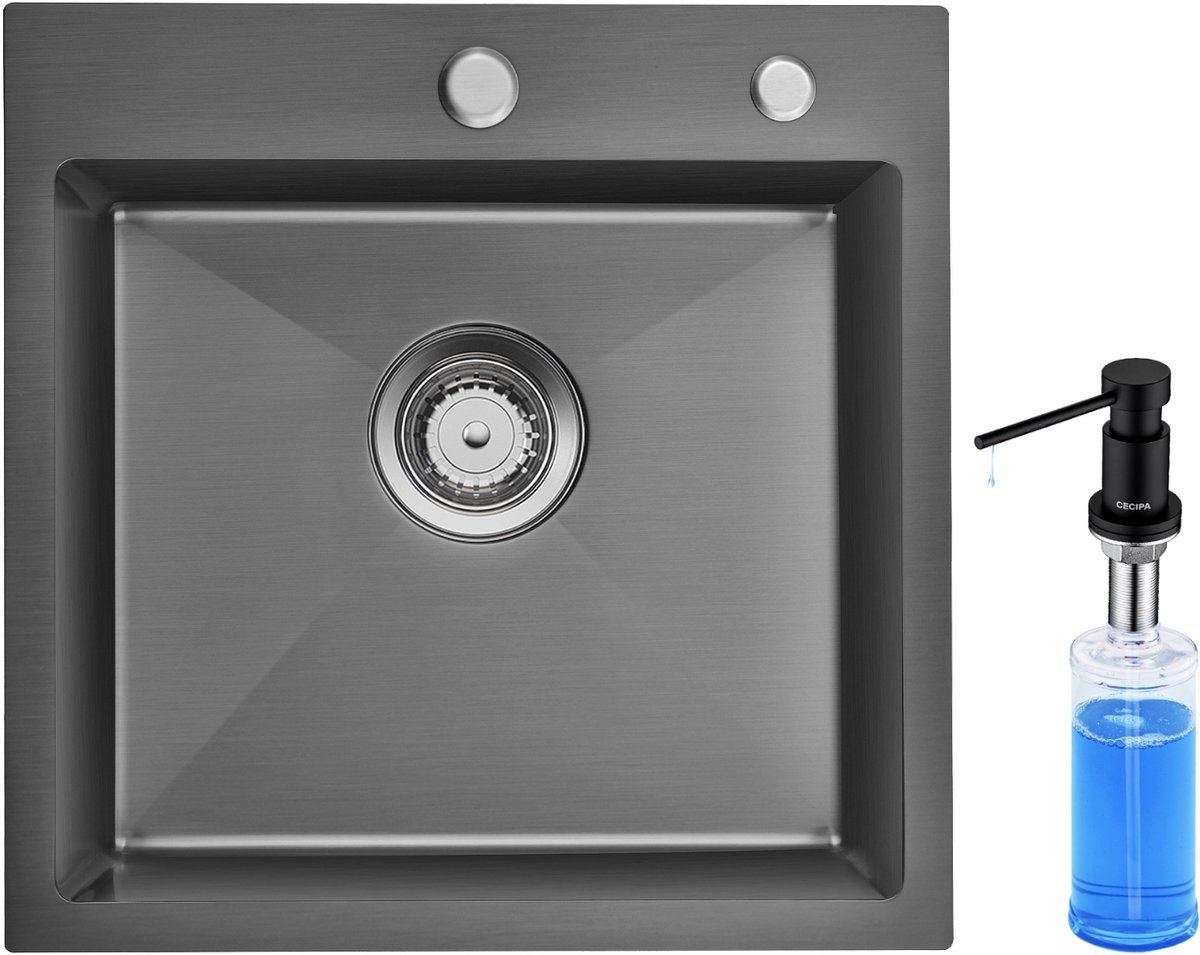 Auralum max Spoelbak Antraciet / Gun Metal (45x45cm) - Spoelbak Met Zeepdispenser(300ML) - Spoelbakken Keuken - Wasbak Keuken - Incl. Sifon en Afvoerzeefje - RVS