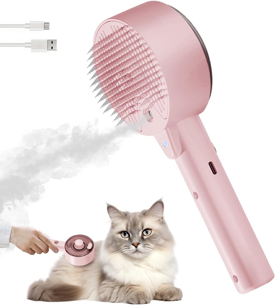 4-in-1 Stoomborstel voor katten, hondenborstel, lang en kort haar, zelfreinigende stoomborstel voor katten, honden en konijnen, massage, verzorging en ontharing (roze)