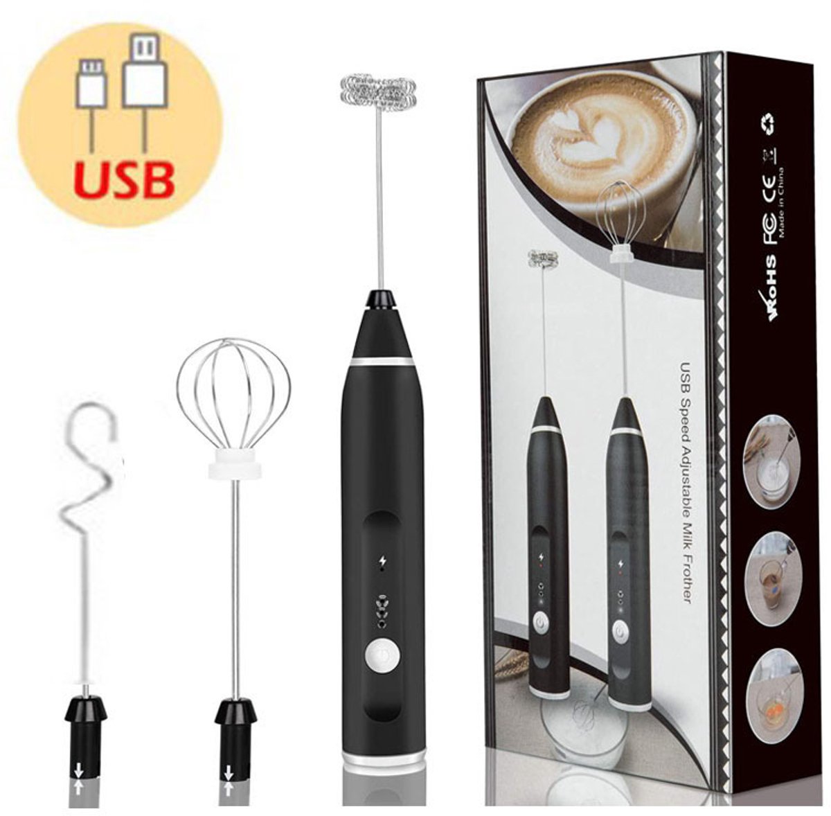 2 In 1 Elektrische Koffie Melk Opschuimer - Usb Oplaadbaar - Ei Klopper - Garde Mixer – Zwart