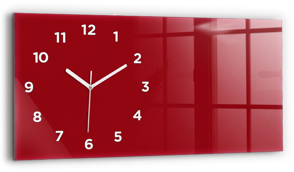 Wallfluent Wandklok - Rood Glazen Klok Rechthoekige - 60 cm x 30 cm - Rood Wandklok - Witte Handen - Wandklok Met Cijfers - Wandklok Glas Woonkamer - Rechthoekige Glas Klok - Industrieel Wandklok - Rechthoekige Glazen Wandklok