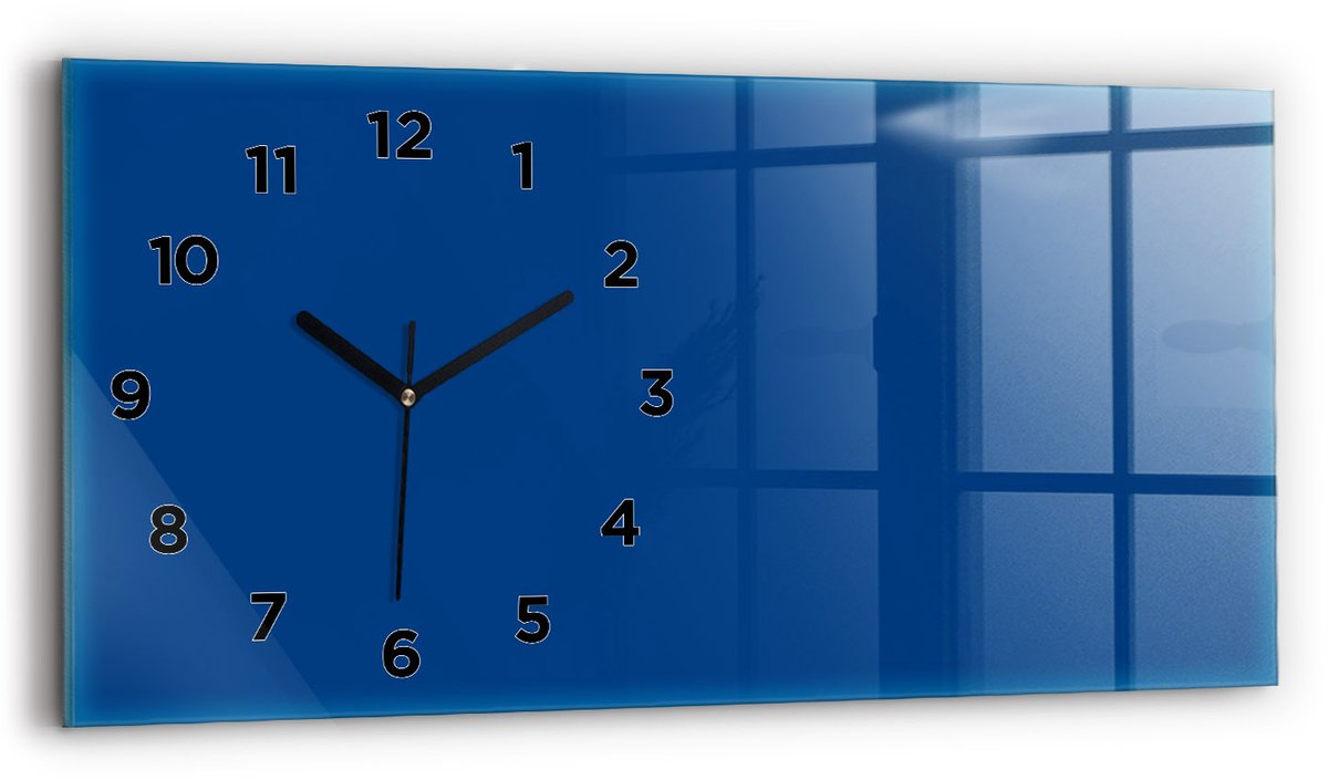 Wallfluent Wandklok - Blauw Rechthoekige Glazen Wandklok - 60 cm x 30 cm - Blauw Wandklok - Zwarte Handen - Wandklok Met Cijfers - Wandklok Glas Woonkamer - Glazen Klok Rechthoekige - Minimalistisch Wandklok - Rechthoekige Glas Klok