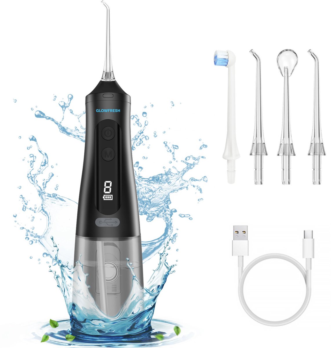 Waterflosser - Glowfresh - Monddouche - Tongreiniger - Draadloos – Flosapparaat - 9 standen – Extra opzetstukken - Tandplak verwijderen – Tanden – Beugel schoonmaken – Tandvlees schoonmaken – Tandsteen verwijderen