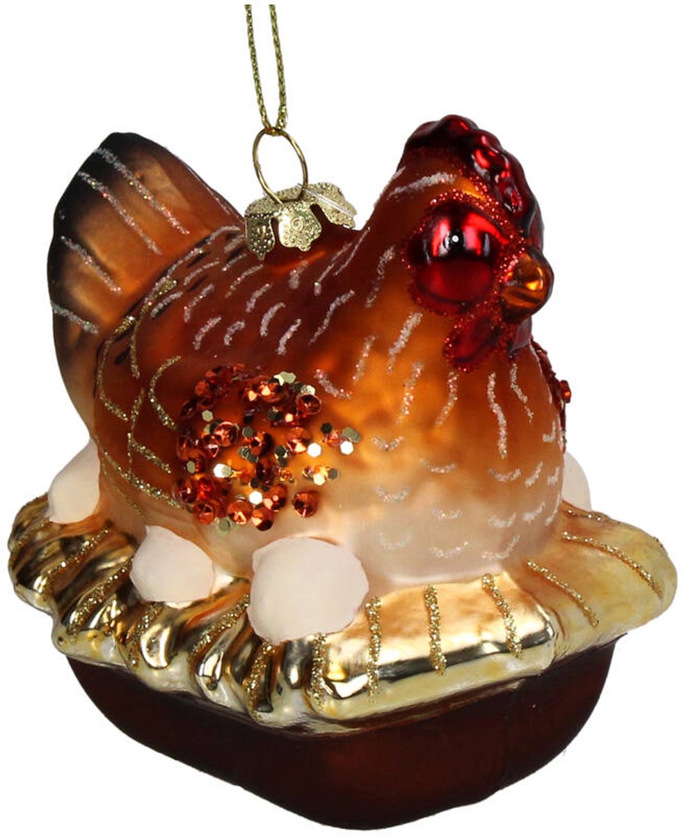 HD Collection Glazen kerstornament kerst hanger Kip zit op eieren 9.5 cm
