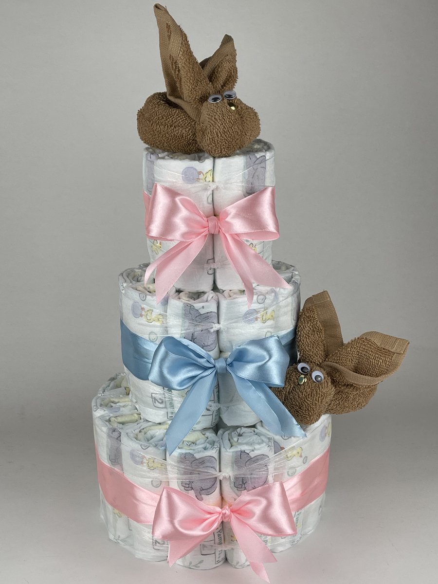 Chouette-Chouette | Luiertaart Neutraal | Kraamcadeau | Geboorte Jongen Meisje | Babyshower | Konijnen Sand - Roze - Blauw