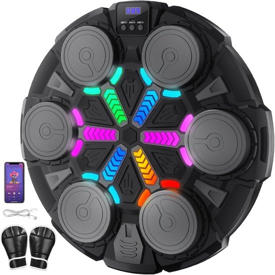 Muziekboksmachine - Kinderbokstrainingsdoel - Elektronisch reactiedoel, Muziekboksmachine met bokshandschoenen, 11 snelheidsmodi en 3 digitale modi, LED-licht Bluetooth boksmachine, Geschikt voor kinderen/volwassenen