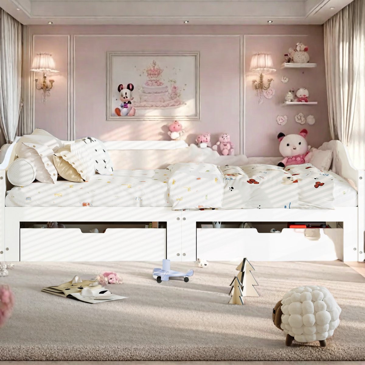 Houten Bed 90x200/180x200 cm – Uitschuifbaar Tweepersoonsbed met Lattenbodem, 2 Lades en Opbergruimte, Logeerbed of Dagbed