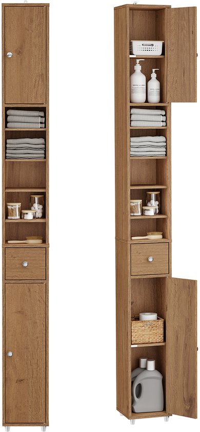 SoBuy BZR34-II-PF Hoge Badkamerkast – Smalle Opbergkast met Lade en Verstelbare Planken – Kolomkast Badkamer – Naturel, 20x20x180cm