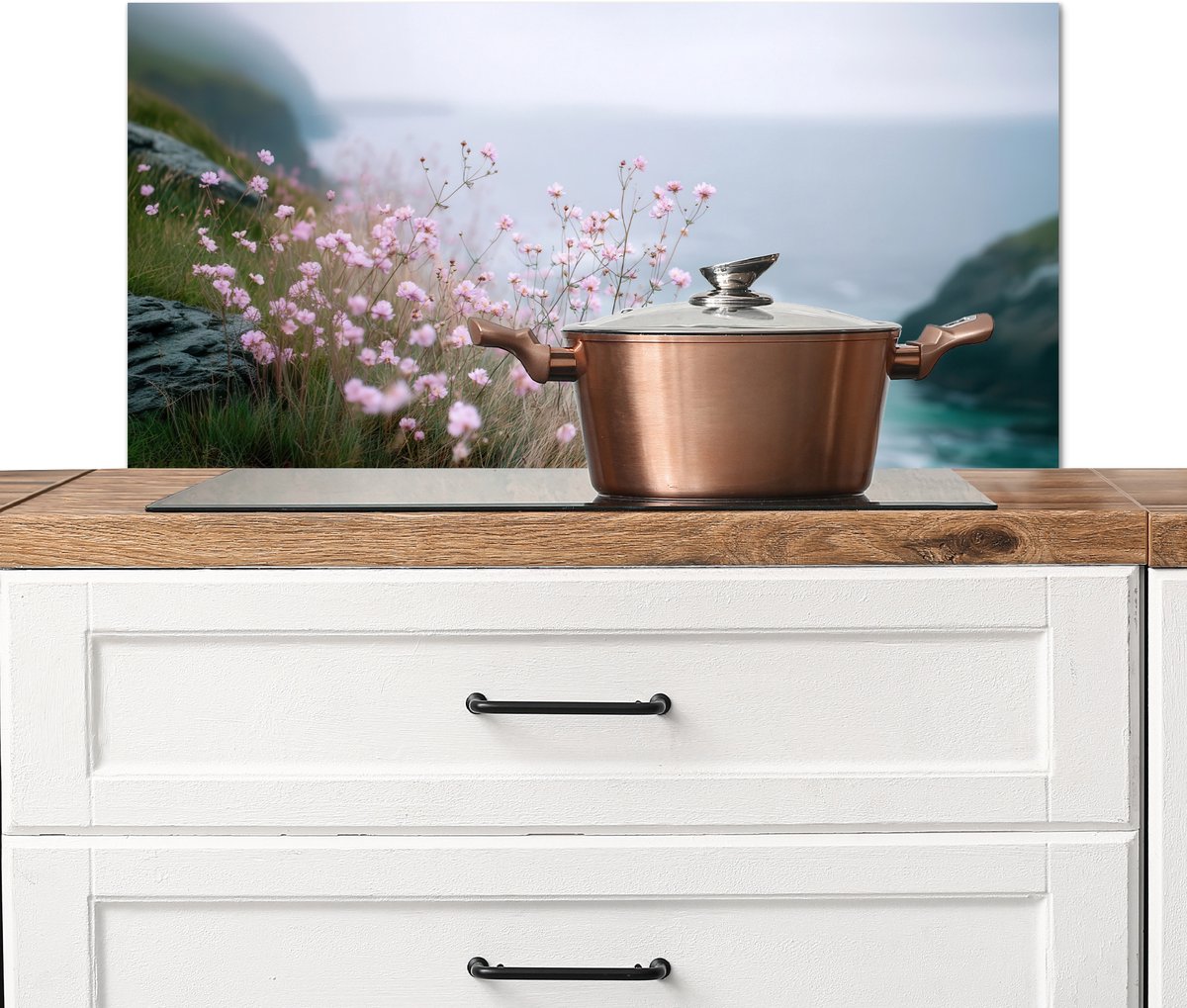 Spatscherm keuken 90x45 cm - Kookplaat achterwand Klif - Bloemen - Zee - Roze - Muurbeschermer - Spatwand fornuis - Hoogwaardig aluminium