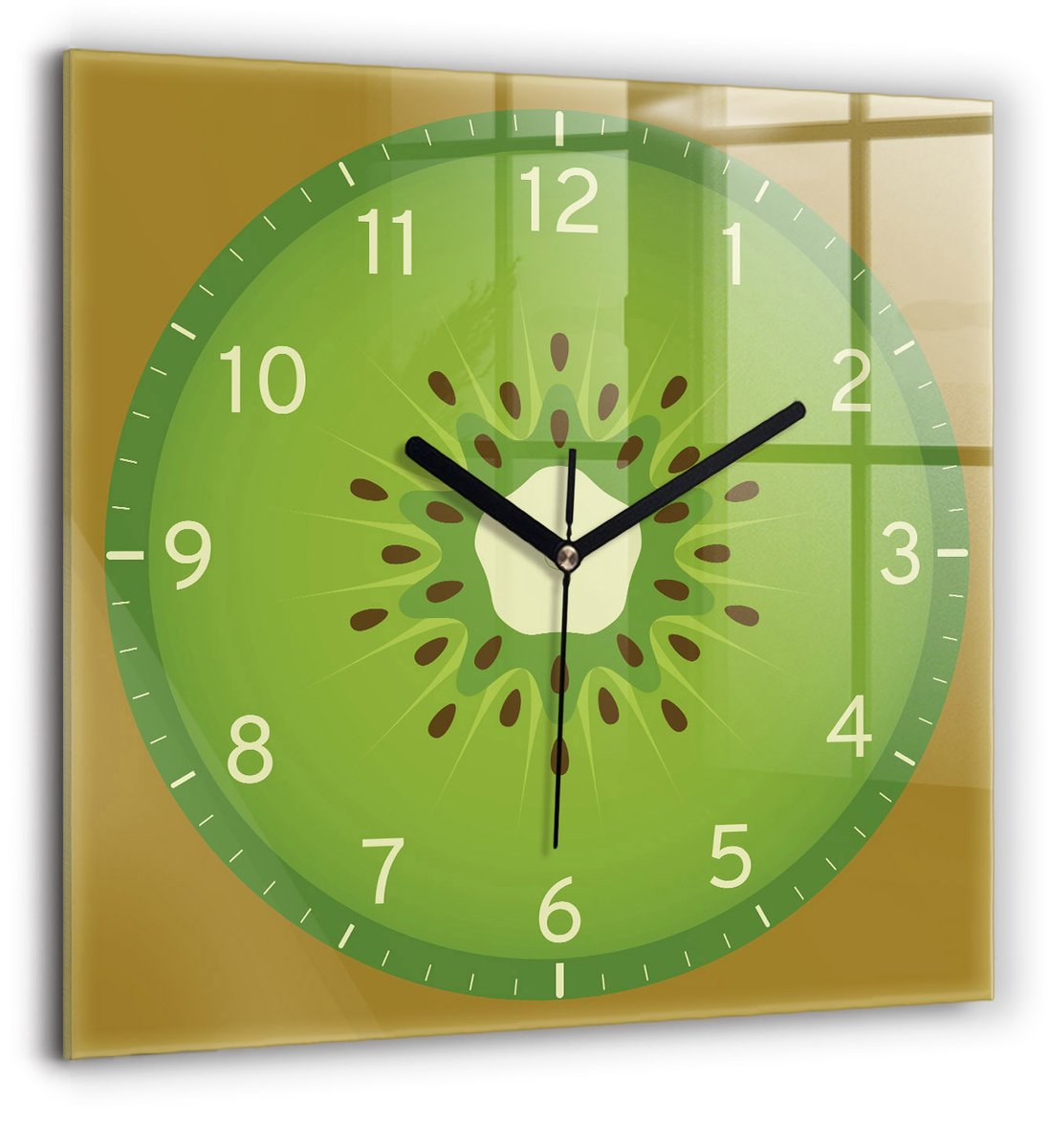 Wallfluent Wandklok - Kiwifruit Stijlvolle Klok - 60 cm x 60 cm - Groente Wandklok - Zwarte Handen - Klok zonder getallen - Kinder Wandklok Glas - Decoratieve Wandklok - Design Wandklok - Klok met Afbeelding