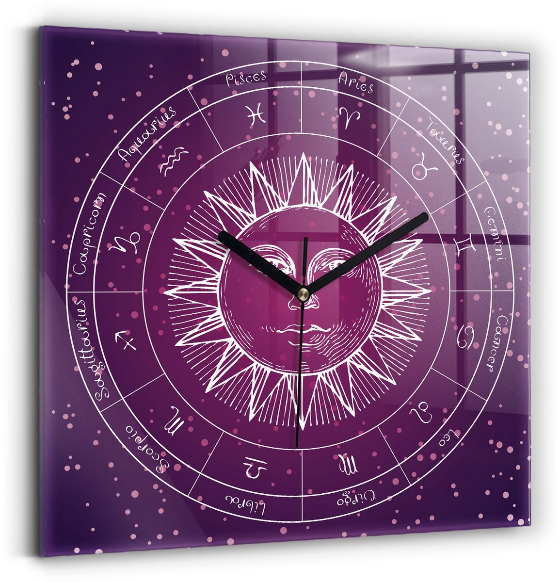 Wallfluent Wandklok - Dierenriemconstellaties Klok als Muurdecoratie - 30 cm x 30 cm - Roze Wandklok - Zwarte Handen - Klok zonder getallen - Kinder Wandklok Glas - Decoratieve Wandklok - Design Wandklok - Stijlvolle Klok