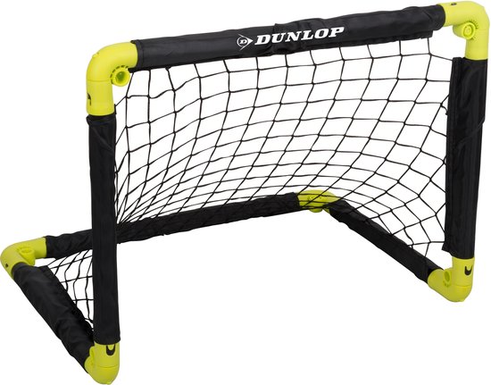 Zwart en geel Dunlop voetbaldoel met zwart net en de letters 'DUNLOP' op de dwarsbalk.