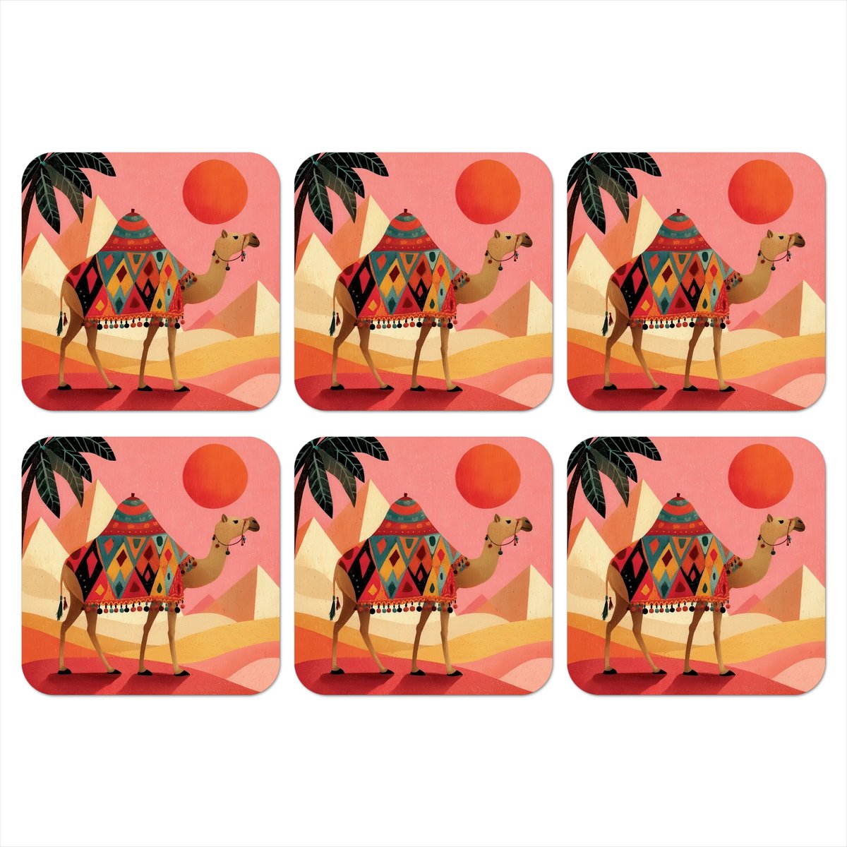 Onderzetters voor glazen - Kameel - Pyramides - Rode zon - 10x10 cm - Glasonderzetters - 6 stuks