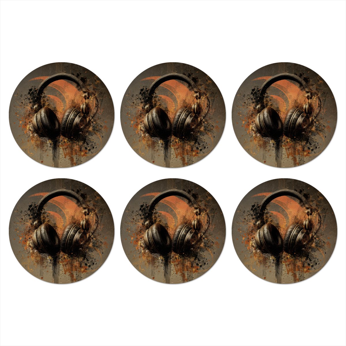 Onderzetters voor glazen - Rond - Koptelefoon - Bruin - Verf - Vintage - 10x10 cm - Glasonderzetters - 6 stuks