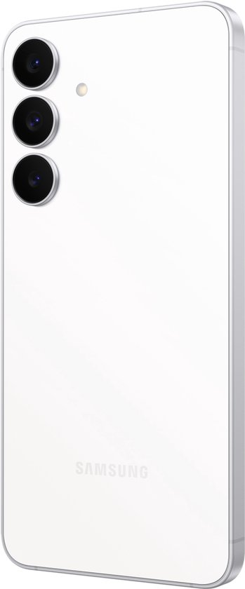 Witte smartphone, gezien vanaf de achterkant en zijkant, met drie camera's en Samsung-logo.