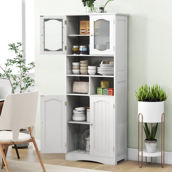 COSTWAY Badkamerkast, vrijstaande hoge kast met 4 deuren, planken en verstelbare plank, badkamerkast met kantelbeveiliging voor woonkamer, badkamer, keuken, wit, 60 x 30 x 148,5 cm