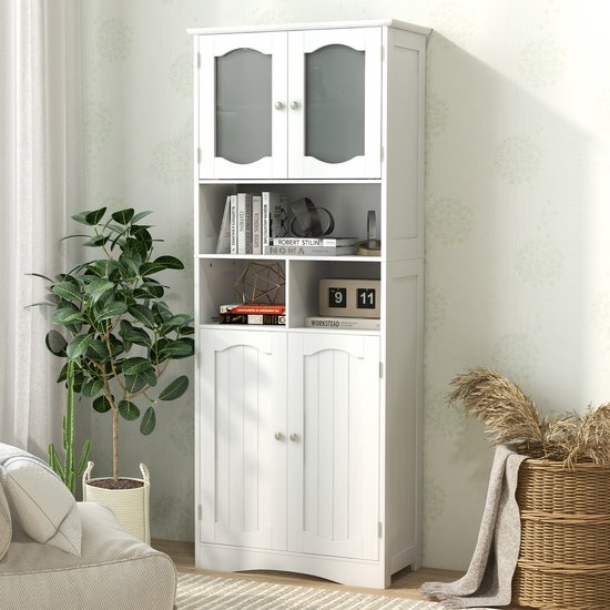 COSTWAY Badkamerkast, vrijstaande hoge kast met 4 deuren, planken en verstelbare plank, badkamerkast met kantelbeveiliging voor woonkamer, badkamer, keuken, wit, 60 x 30 x 148,5 cm