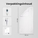 Verpakking van een witte elektrische deken van 90 x 190 cm, een witte stekker en een handleiding. Tekst: Verpakkingsinhoud.