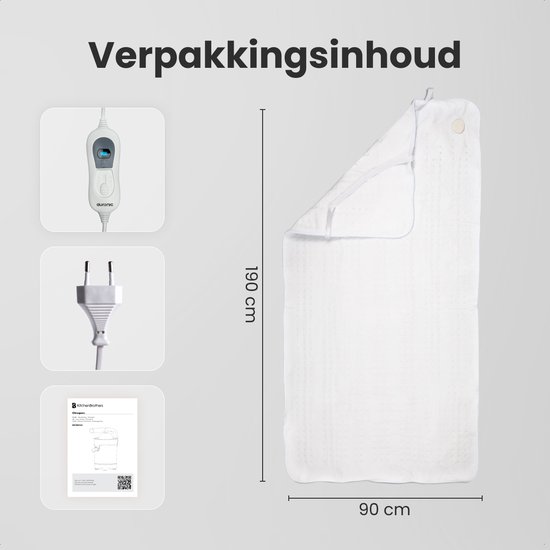 Verpakking van een witte elektrische deken van 90 x 190 cm, een witte stekker en een handleiding. Tekst: Verpakkingsinhoud.