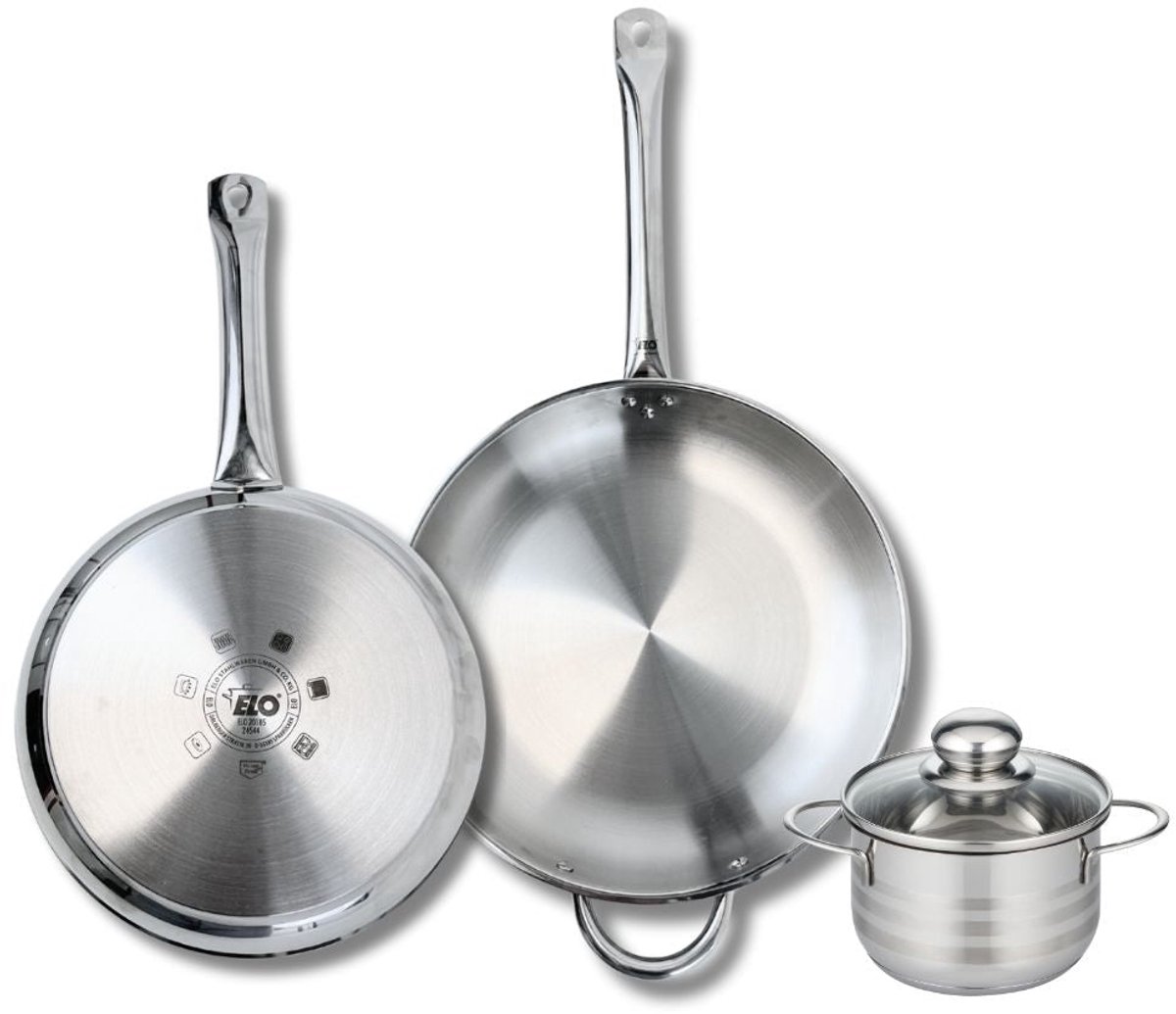Set van 2 Koekenpannen 28 en 32 cm en 1 braadpan 14 cm Elo Profi Brillant