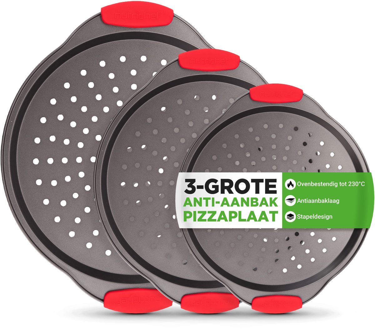 NutriChef 3-delige pizzabakset met siliconen handgrepen – ronde antiaanbakpizzaplaat met geperforeerde gaten, duurzaam koolstofstaal, klein, middel en groot formaat (grijs)