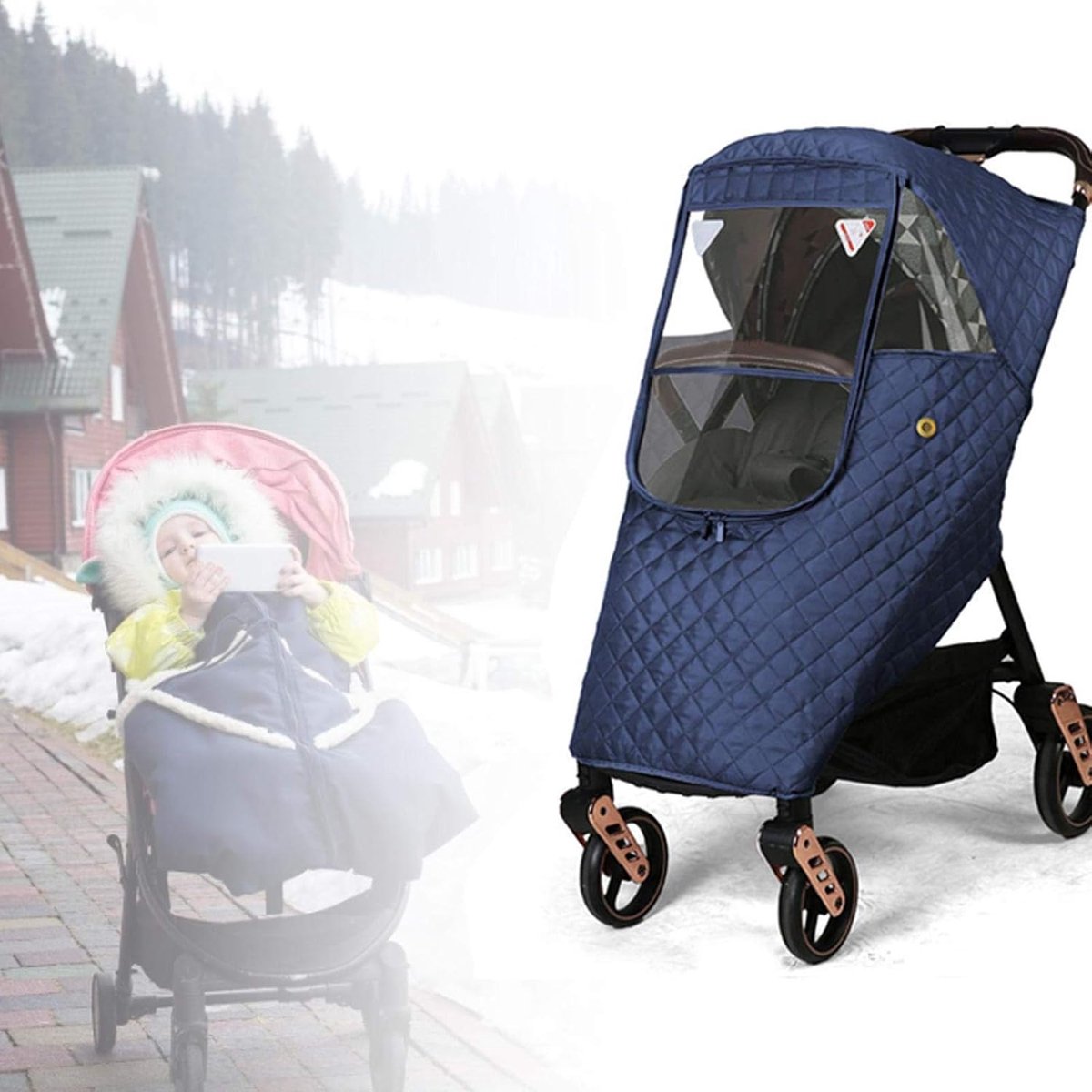 Regenhoes Kinderwagen - Winter Kinderwagen Regenhoes - Cover voor Kinderwagen - Universele Regenhoes Kinderwagen met Kijkvenster - Gewatteerde Weerbescherming - Winddicht en Warm - Waterdicht - bescherming tegen zon - Stof - Sneeuw - Blauw – foto 8