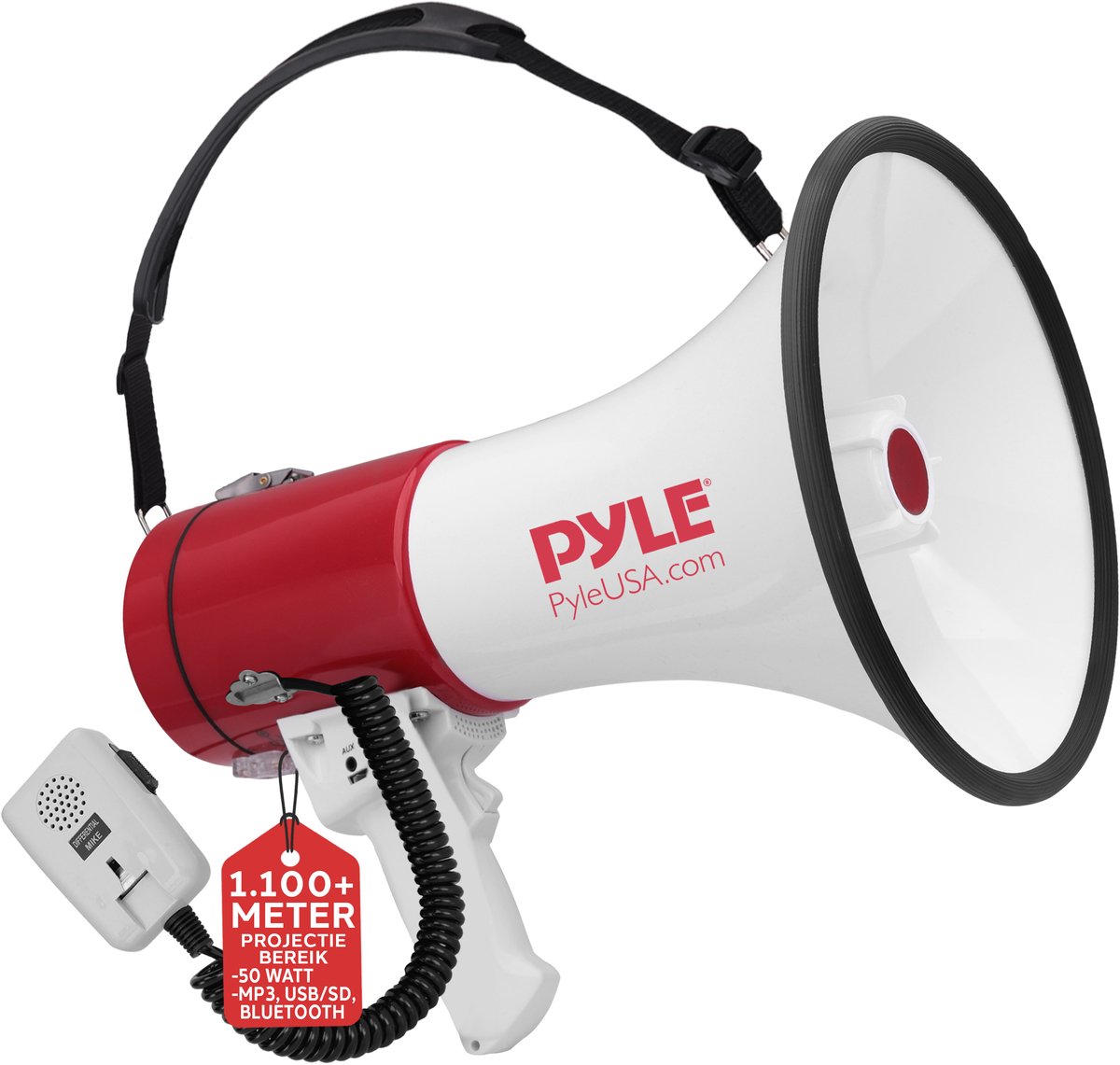 Pyle Megafoon Luidspreker - 50 Watt Luidsprekerhoorn - Draagbare Luidspreker met Sirene - Bullhorn met Afneembare Microfoon - Ideaal voor Politie en Cheerleading