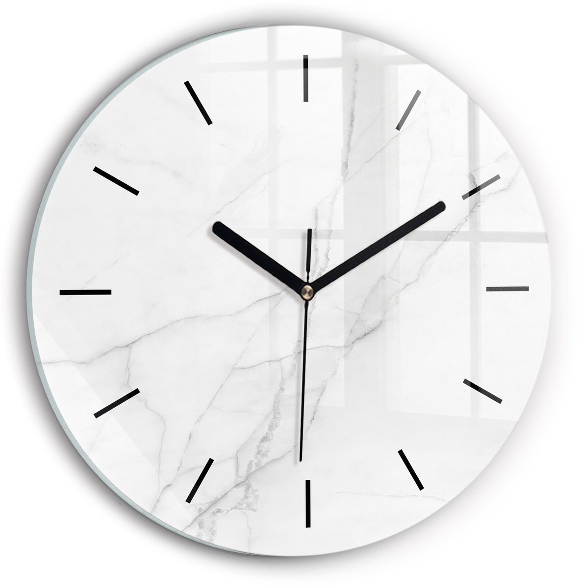 Wallfluent Wandklok - Decoratief marmer Klok met Afbeelding - 30 cm x 30 cm - Wit Wandklok - Zwarte Handen - Wandklok Zonder Cijfers - Kinder Wandklok Glas - Ronde Glazen Klok - Industrieel Wandklok - Unieke Wandklok