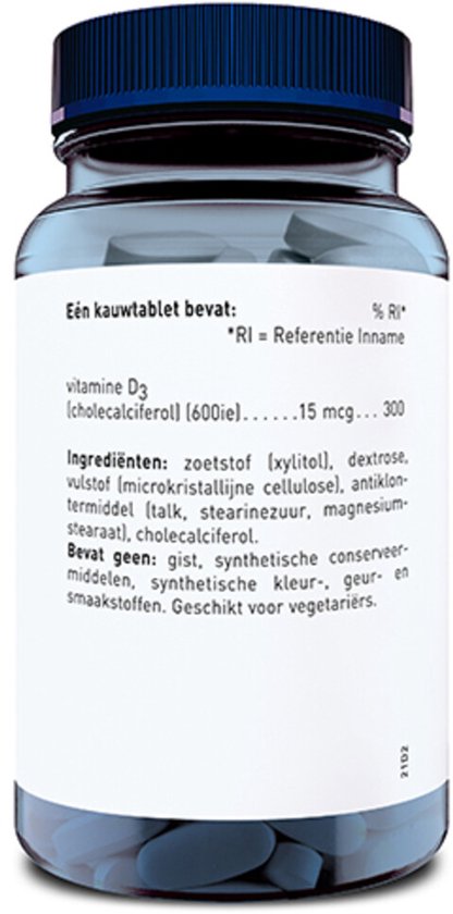 Achterkant van een Orthica Dino D Kauwtablet pot. Met ingrediënten en specificaties van vitamine D3. Bevat 120 kauwtabletten.