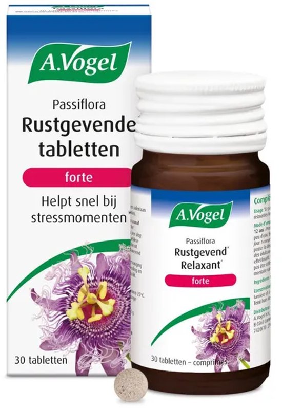 A. Vogel Passiflora Rustgevende tabletten forte, 30 tabletten met passiebloem illustratie.