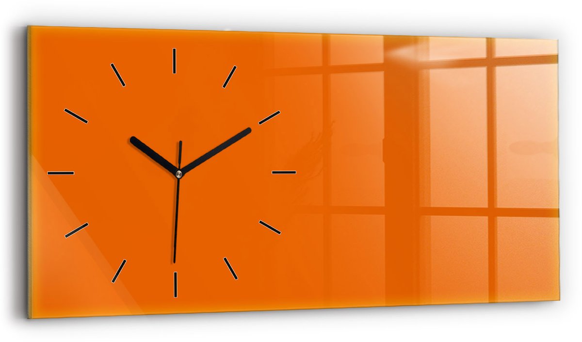 Wallfluent Wandklok - Oranje Rechthoekige Glazen Wandklok - 60 cm x 30 cm - Oranje Wandklok - Zwarte Handen - Wandklok Zonder Cijfers - Wandklok Glas Woonkamer - Glazen Klok Rechthoekige - Minimalistisch Wandklok - Rechthoekige Glas Klok