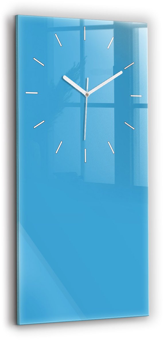 Wallfluent Wandklok - Blauw Rechthoekige Glazen Wandklok - 30 cm x 60 cm - Blauw Wandklok - Witte Handen - Wandklok Zonder Cijfers - Wandklok voor in de Keuken - Glazen Klok Rechthoekige - Minimalistisch Wandklok - Rechthoekige Glas Klok