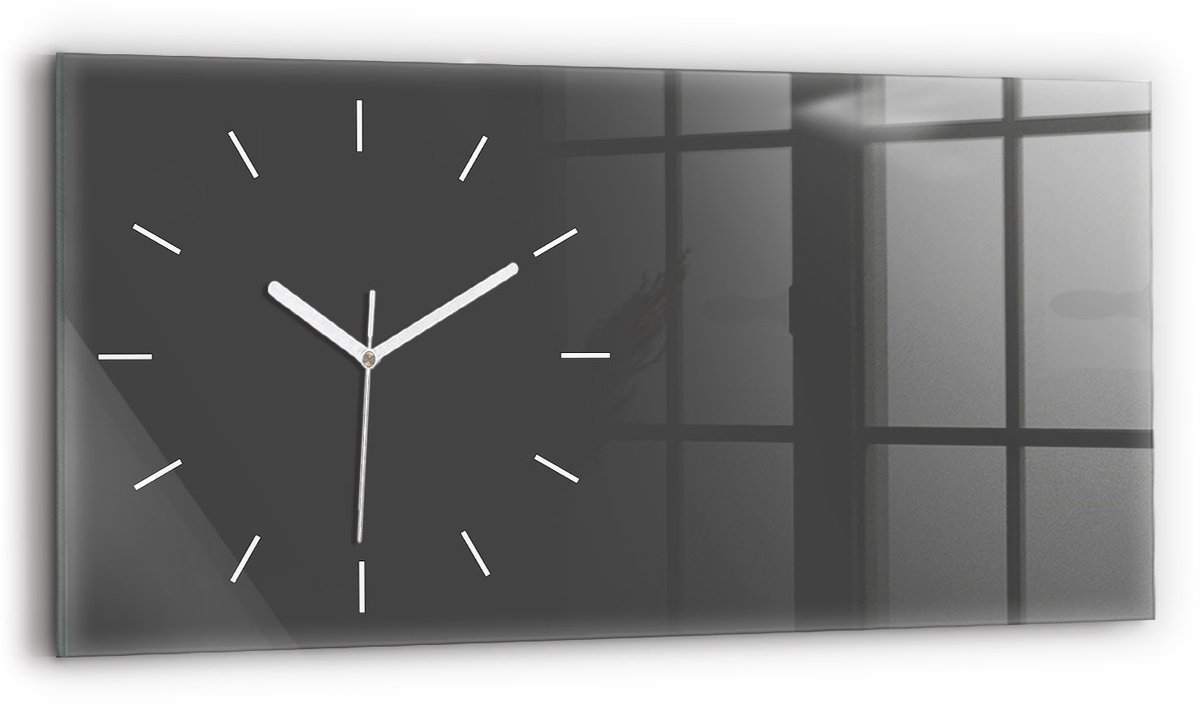 Wallfluent Wandklok - Grijs Rechthoekige Glazen Wandklok - 60 cm x 30 cm - Grijs Wandklok - Witte Handen - Wandklok Zonder Cijfers - Stille Wandklok Slaapkamer - Glazen Klok Rechthoekige - Minimalistisch Wandklok - Rechthoekige Glas Klok