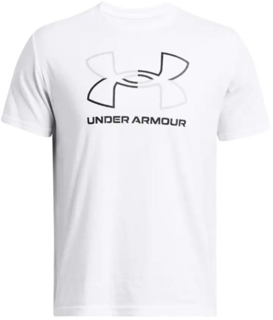 Wit Under Armour shirt met grijs en zwart logo op de borst.