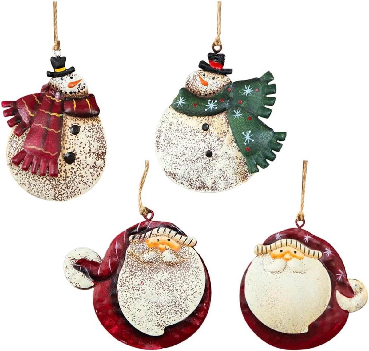 Brenzoos - Kerstboom hanger mollige sneeuwpop en kerstman figuren - 4 stuks - vintage ijzer - Kerstmis decoratie