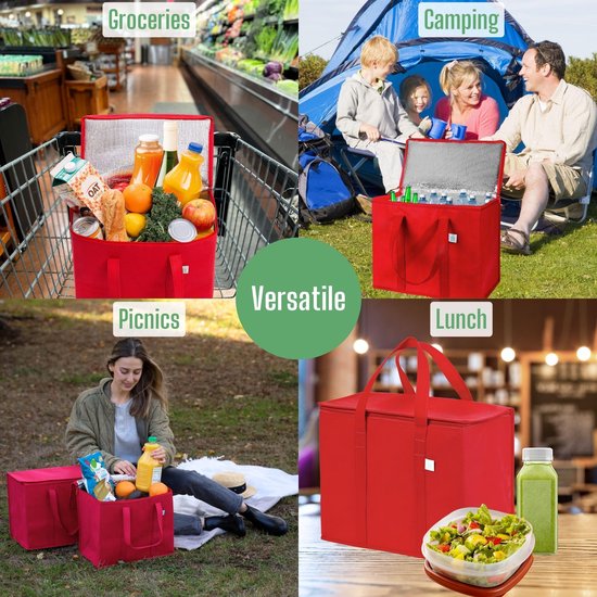 2-stuks Geïsoleerde voedselzak - Diepvrieszak - Ritssluiting - Opvouwbaar - Gemakkelijk mee te nemen - Staat rechtop - Draag warm of koud eten -Houd al het eten vers - Ideaal voor kamperen, reizen en thuis - Rood van LouMaxx — afbeelding 4