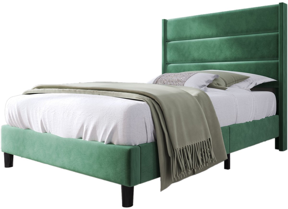 Merax Eenpersoonsbed 90x200 met 7-zones Matras H3 – Donkergroen Velvet – Bed met Lattenbodem en Hoofdbord