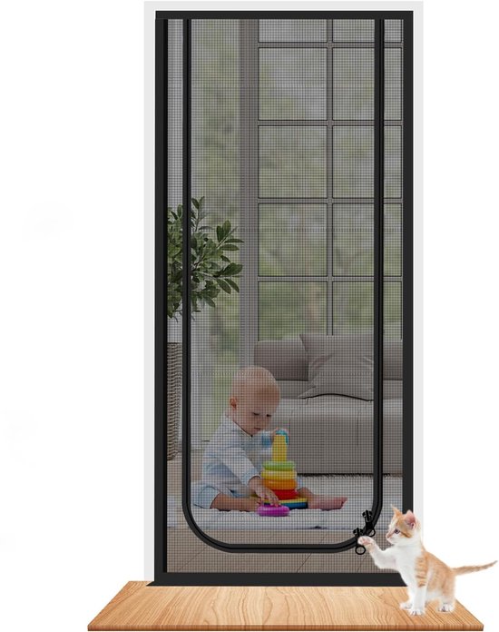 Versterkte kattenhordeur - zachte hordeur met rits - anti-diefstal deur - anti-muggen - verdikt anti-kattengaas - geschikt voor woonkamer, keuken, slaapkamer - zwart -90x220cm