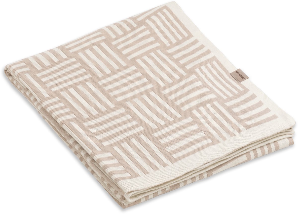 Knit Factory Dash Gebreid Plaid - Woondeken - plaid - Katoenen deken - Kleed - Geblokt/gestreept motief - Ecru/Linnen - 160x130 cm