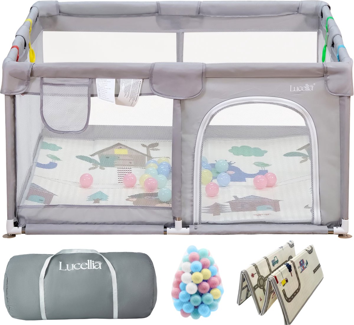 Lucellia® Grondbox Baby - Speelbox & Kinderbox – Inclusief Dubbelzijdige Speelmat & 30 Ballen & 4 optrek handgrepen – Licht Grijs – 120x120x66 cm