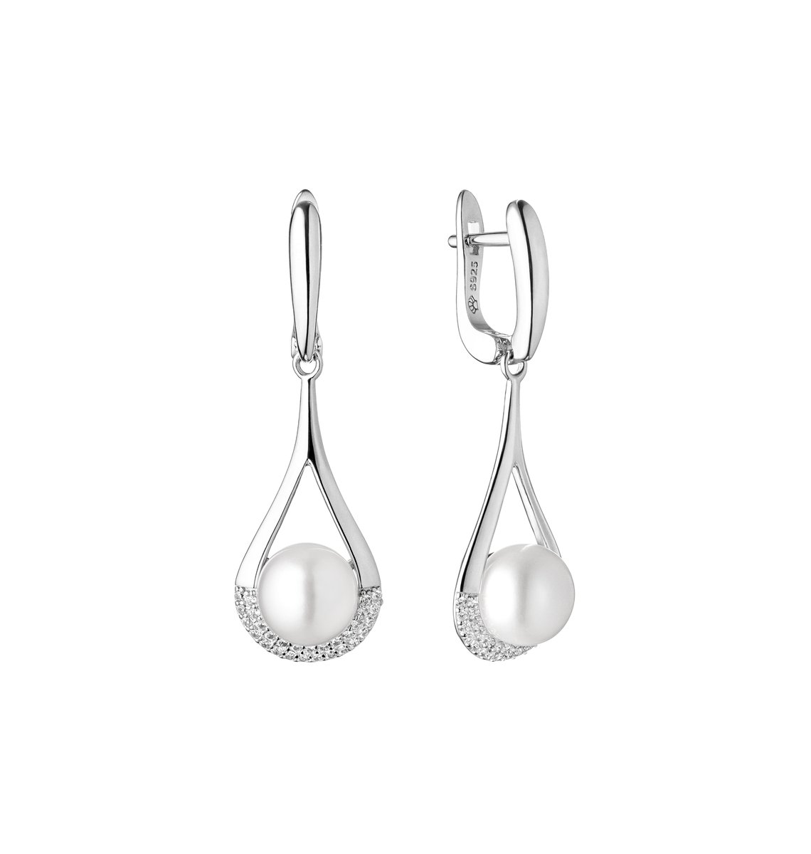 Gaura – Zilveren oorbellen met parel (7–7,5 mm) en zirkonia – 925 sterling zilver met rhodium afwerking – Engelse sluiting