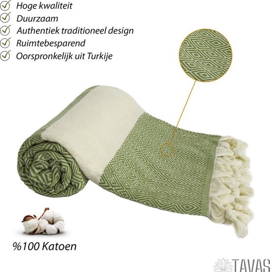Groene hamamdoek met wit ruitpatroon, effen wit gedeelte en naturel franjes.