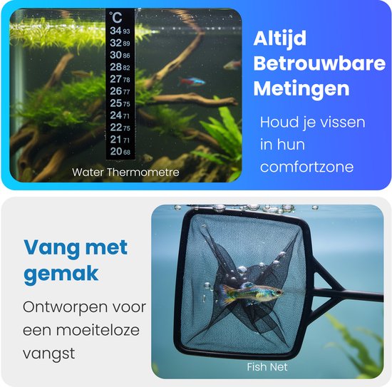 Een waterthermometer meet de temperatuur in een aquarium. Een vis wordt gevangen met een zwart visnet.