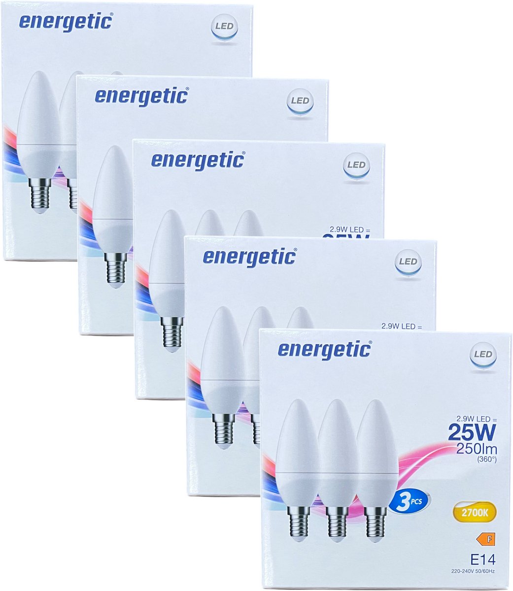 15 Stuks (5 x doosje van 3) Energetic Kaars E14 Warm Wit (2700K) 2,9 W (25 W)