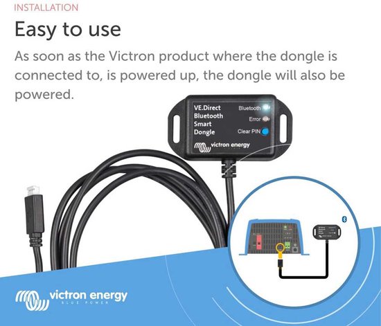 VE.Direct Bluetooth Smart dongle, eenvoudig te installeren, met afbeelding van compatibele Victron apparaten.
